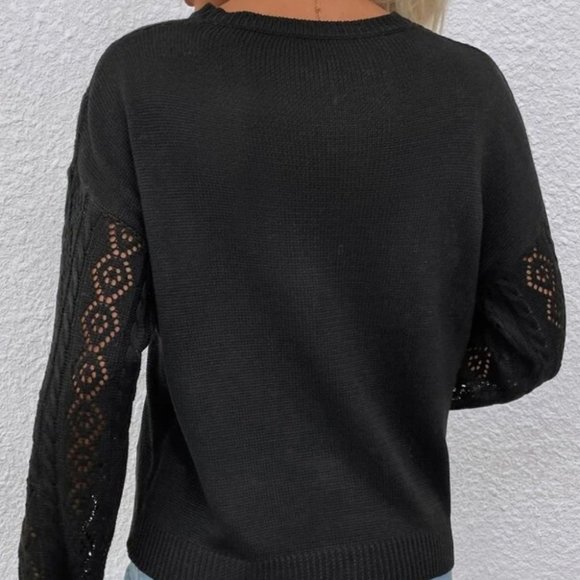 Lace Detailed Long sleeve Knit Sweater  Top Black - Picture 6 of 6